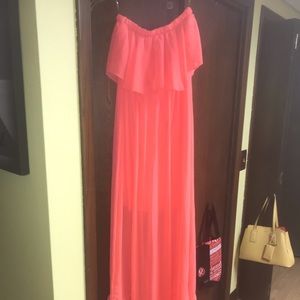 Hot pink strapless maxi dress